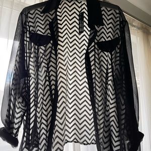 Sheer black collared shirt with chevron